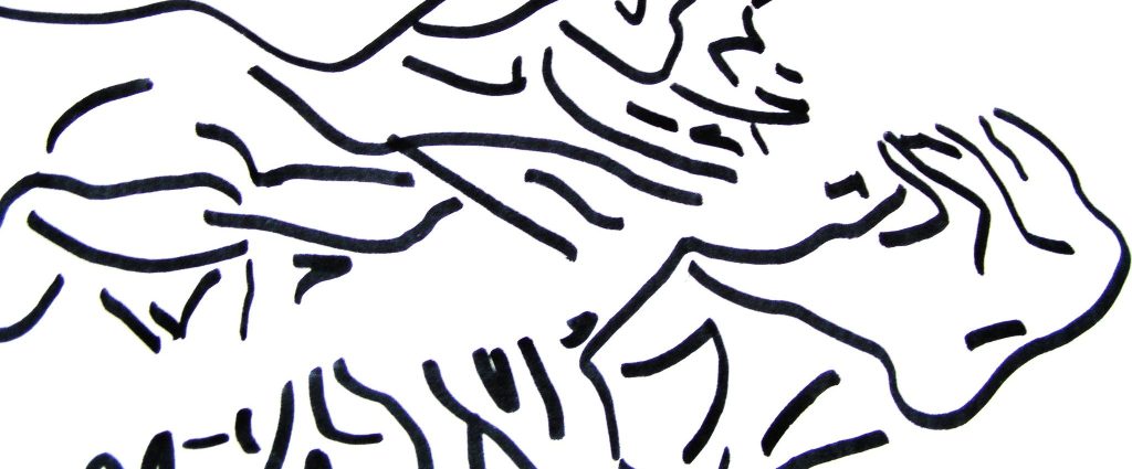 A series of uneven black lines curve and squiggle across the page. The image has an area of white to the top right which feeds into a white channel branch to bottom left. The black lines mostly stem from this white channel and expand outward.
